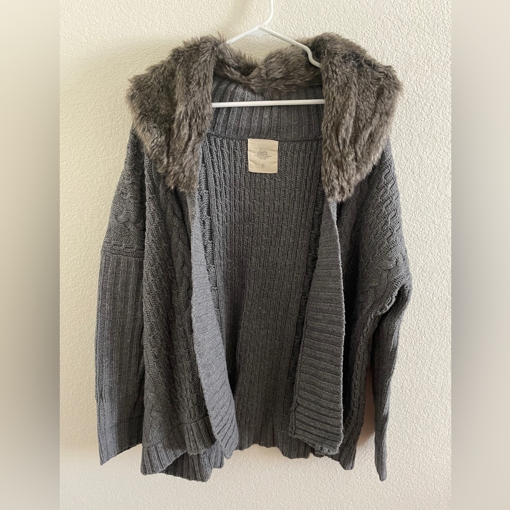 Zara faux fur trim knit cardigan jacket